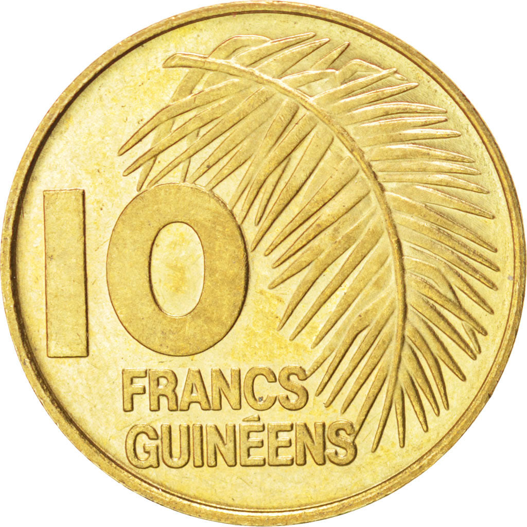 GUINEA, 10 Francs, 1985, KM #52, MS(63), Brass Clad Steel, 20.4, 2.96