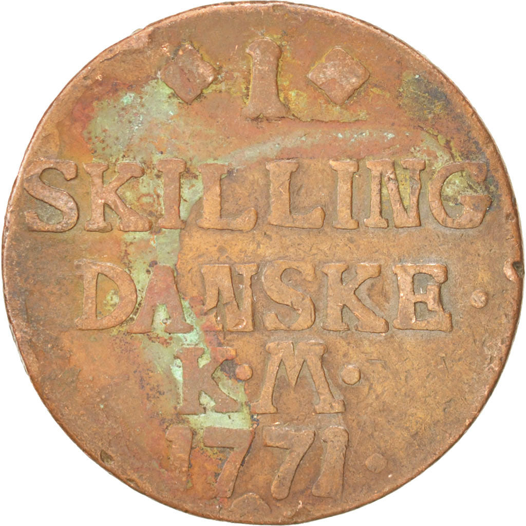 DENMARK, Skilling, 1771, KM #616.1, VF(20-25), Copper, 29, 10.93