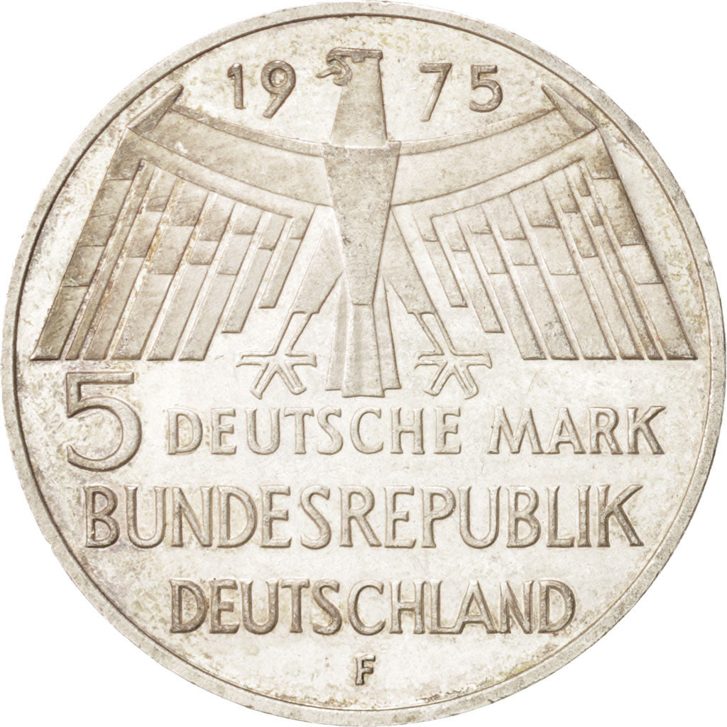 GERMANY - FEDERAL REPUBLIC, 5 Mark, 1975, Stuttgart, KM #142.1, AU(55-58),...
