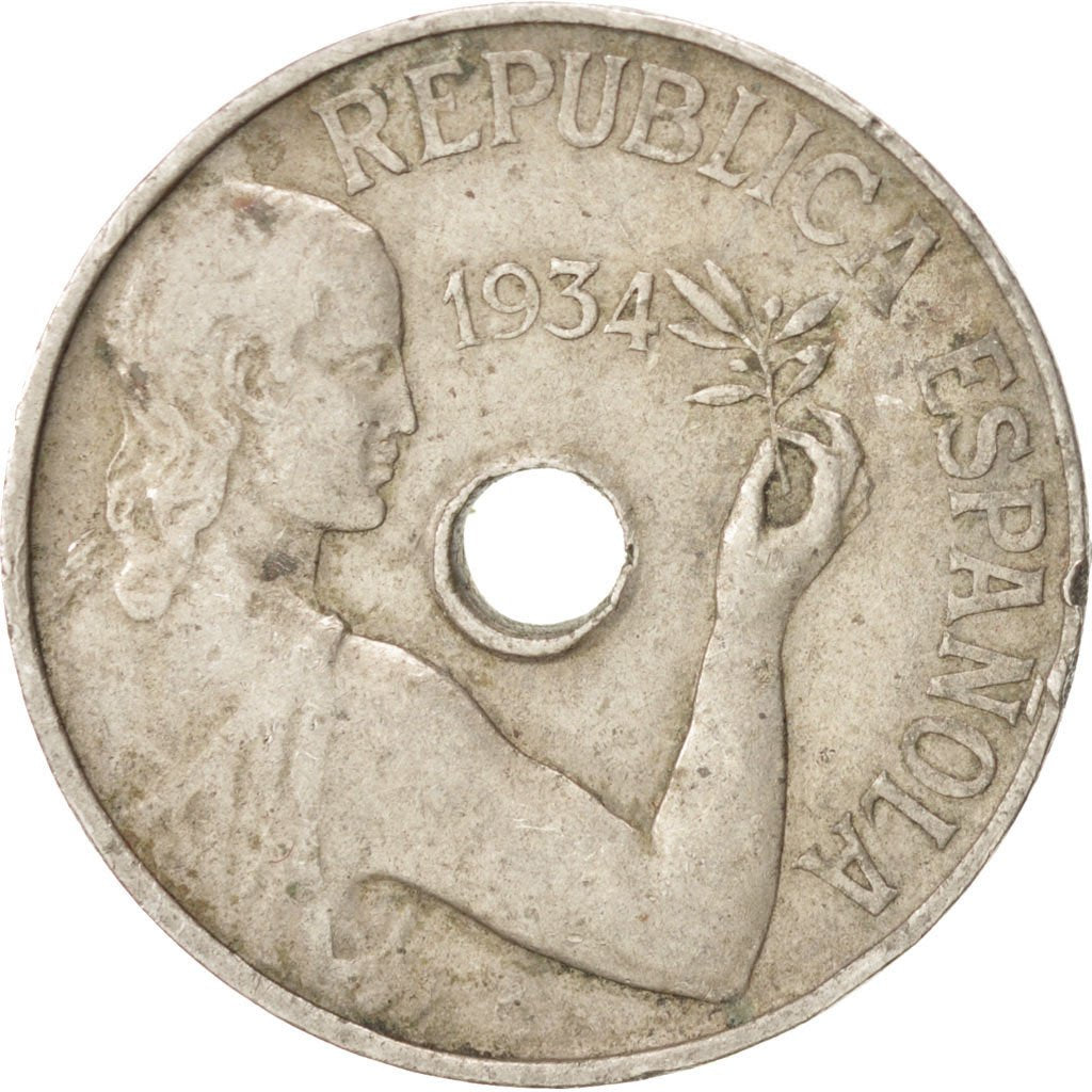 SPAIN, 25 Centimos, 1934, KM #751, EF(40-45), Copper-Nickel, 7.07