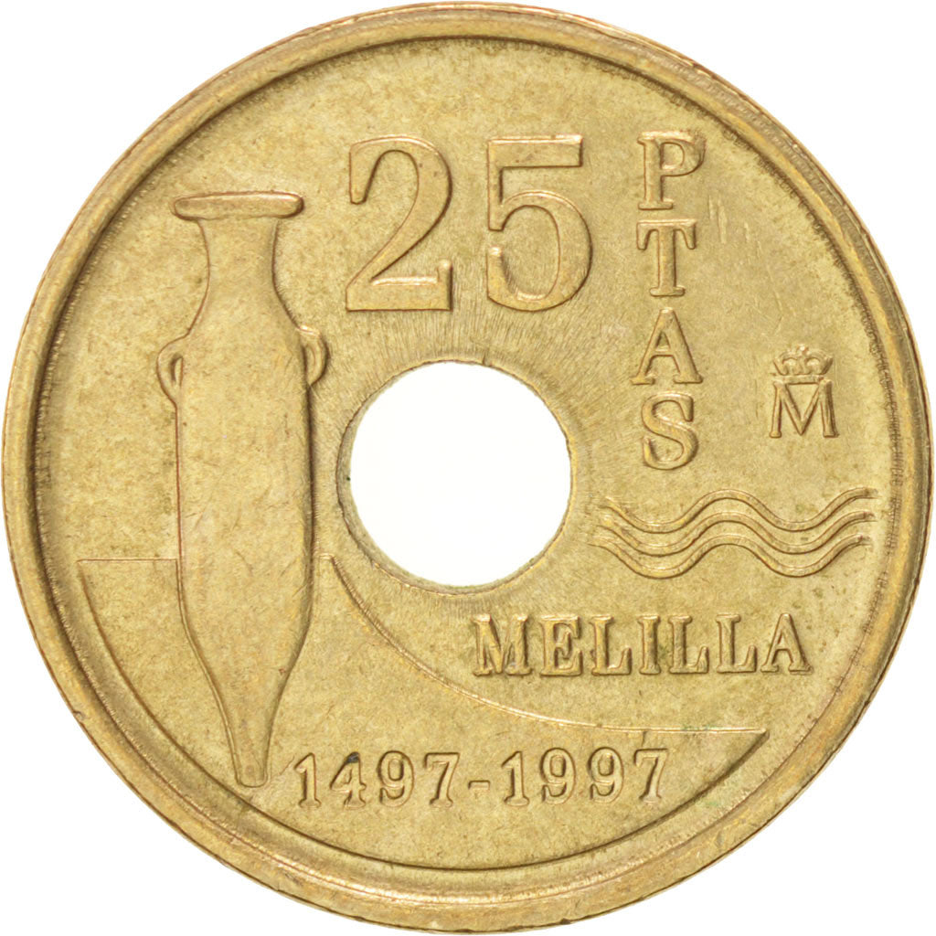 SPAIN, 25 Pesetas, 1997, Madrid, KM #983, AU(50-53), Aluminum-Bronze, 19.5, 4.23