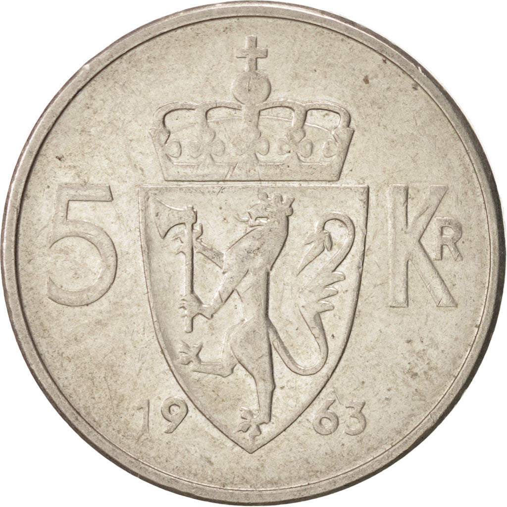 Coin, Norway, Olav V, 5 Kroner, 1963, EF(40-45), Copper-nickel, KM:412