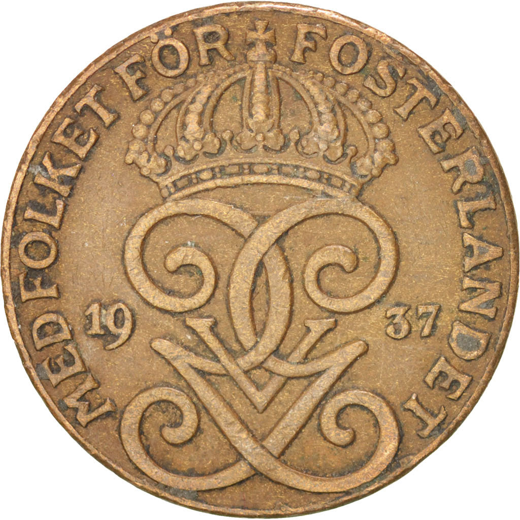 Coin, Sweden, Gustaf V, 2 Öre, 1937, EF(40-45), Bronze, KM:778