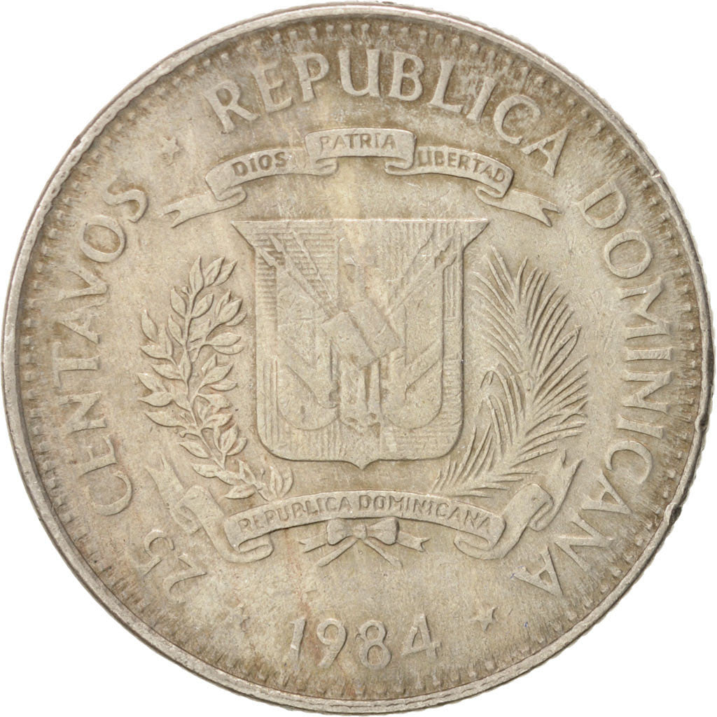 Moneda, República Dominicana, 25 Centavos, 1984, Mexico City, MBC, Cobre -