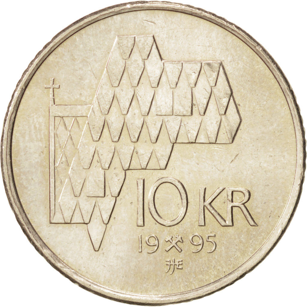 NORWAY, 10 Kroner, 1995, KM #457, MS(63), Nickel-Brass, 24, 6.80
