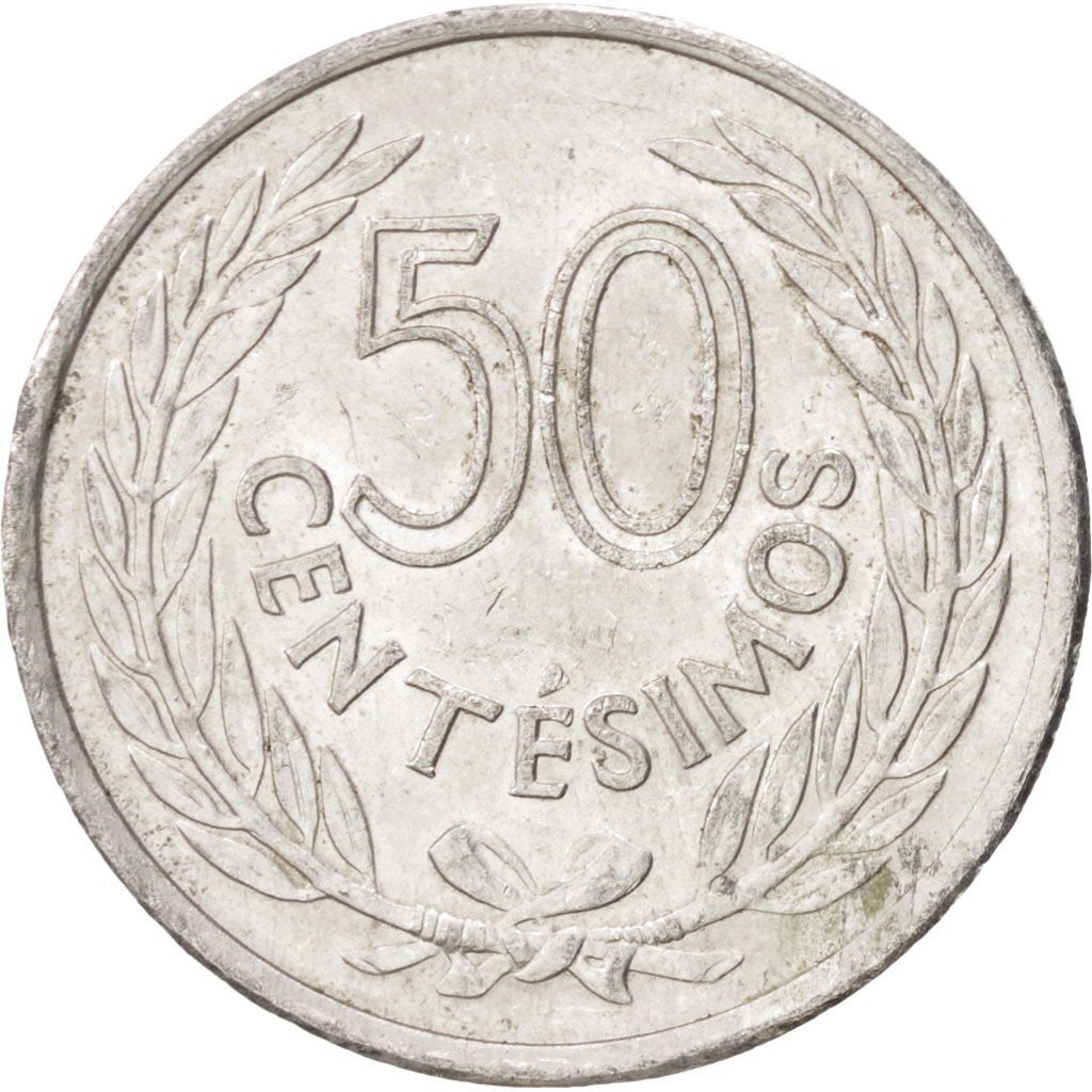URUGUAY, 50 Centesimos, 1965, Santiago, KM #45, AU(50-53), Aluminum, 23.5, 1.99