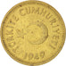TURKEY, 25 Kurus, 1949, KM #886, VF(20-25), Brass, 22.5, 4.47