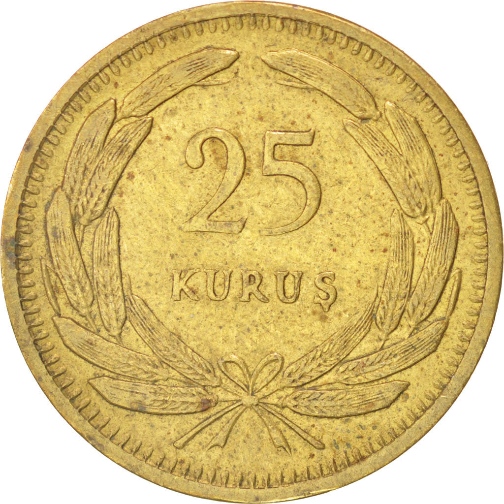 TURKEY, 25 Kurus, 1949, KM #886, VF(20-25), Brass, 22.5, 4.47