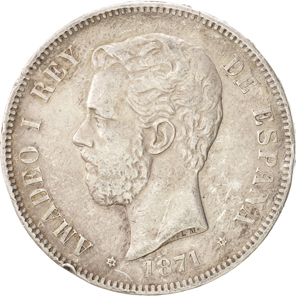 Coin, Spain, Amadeao I, 5 Pesetas, 1871, VF(30-35), Silver, KM:666