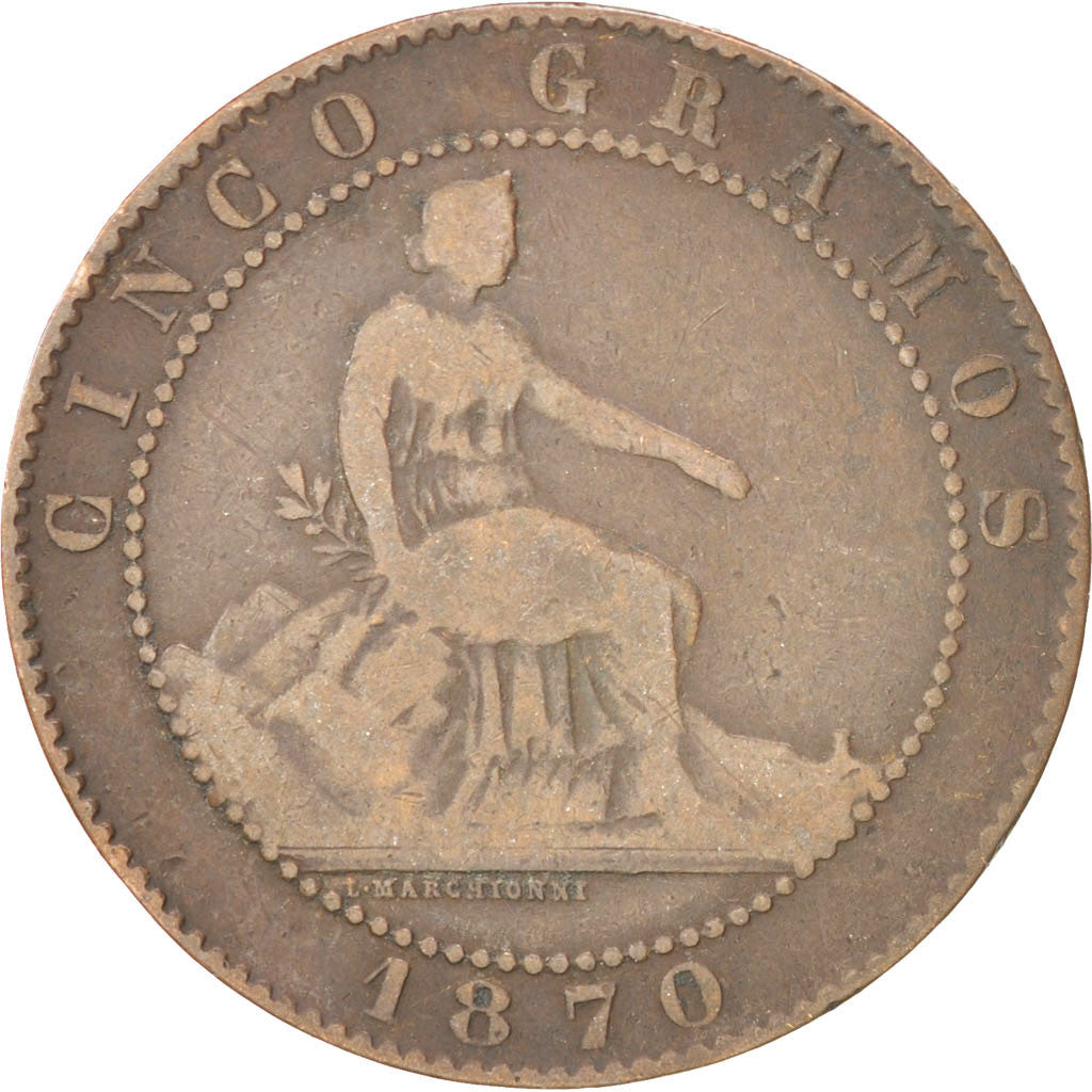 Moneda, España, Provisional Government, 5 Centimos, 1870, BC+, Cobre, KM:662
