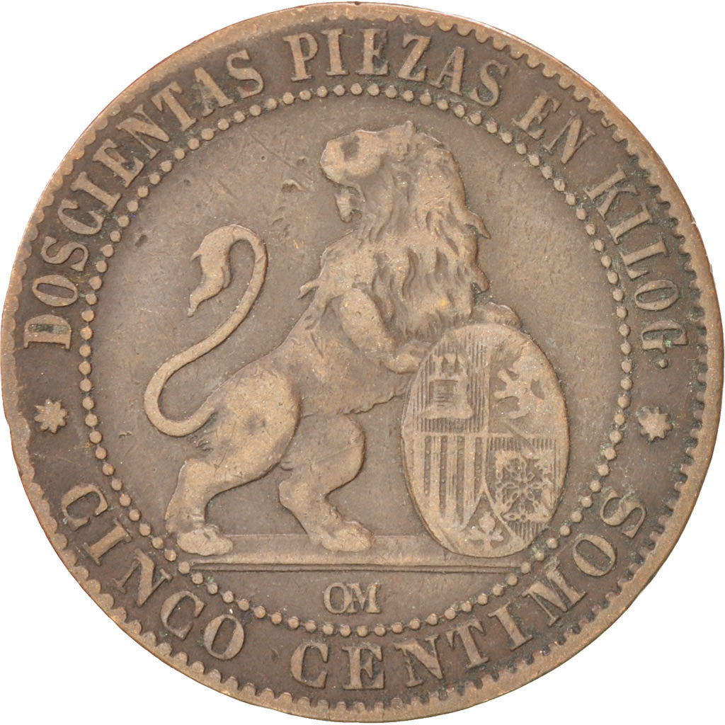 Moneda, España, Provisional Government, 5 Centimos, 1870, BC+, Cobre, KM:662
