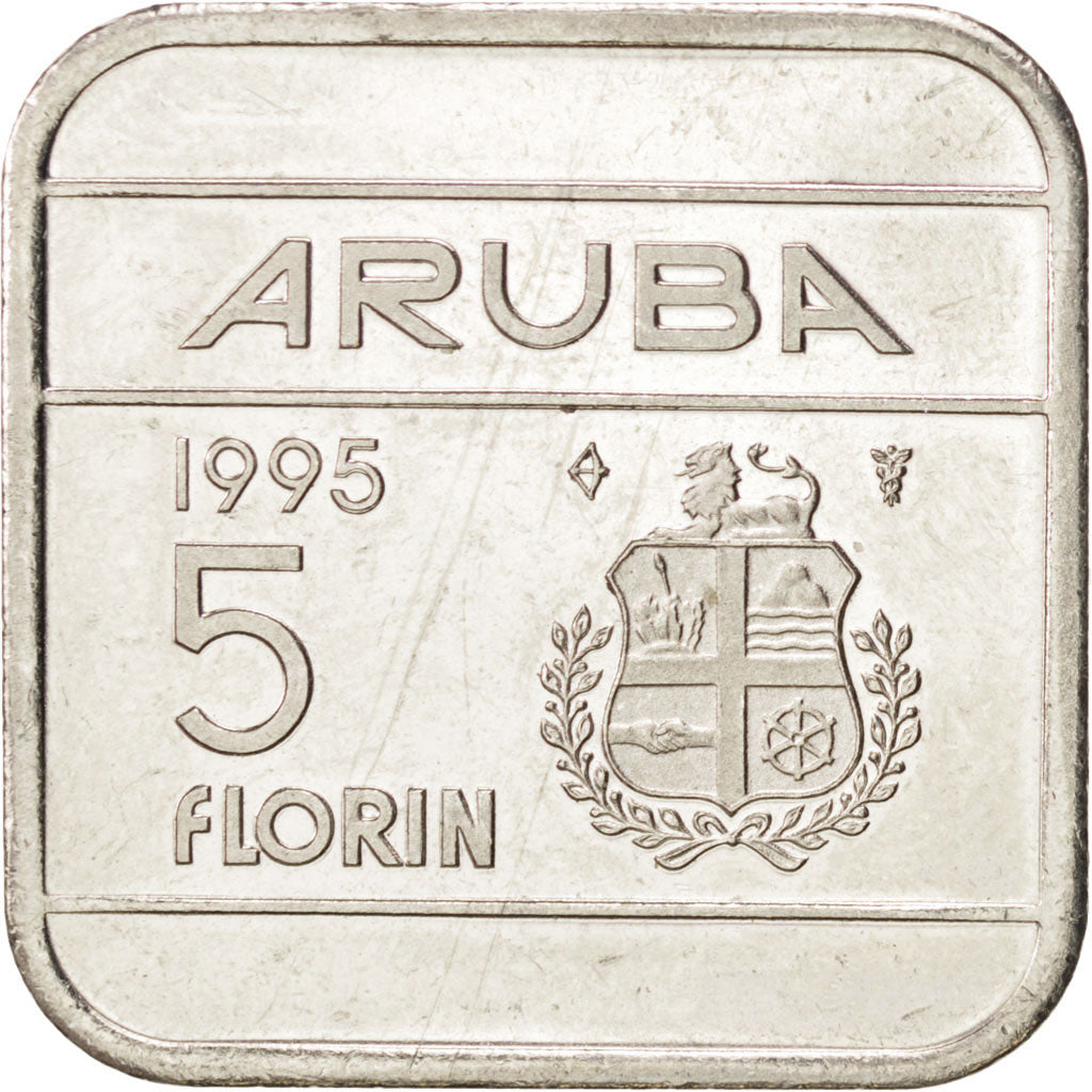 ARUBA, 5 Florin, 1995, Utrecht, KM #12, AU(50-53), Nickel Bonded Steel, 26, 8.63