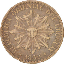 Münze, Uruguay, 4 Centesimos, 1869, Uruguay Mint, Birmingham, S+, Bronze, KM:13