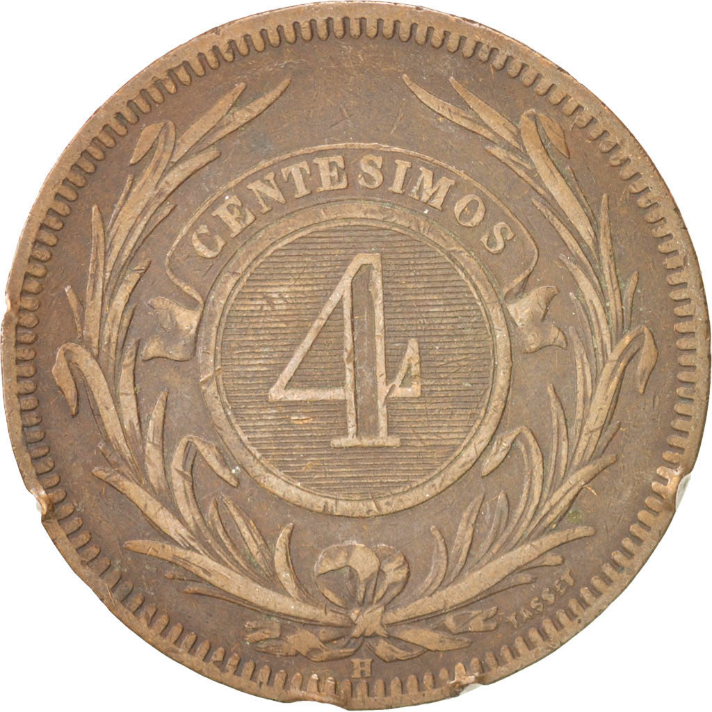 Moneta, Uruguay, 4 Centesimos, 1869, Uruguay Mint, Birmingham, MB+, Bronzo