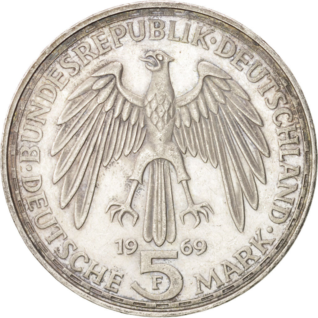 GERMANY - FEDERAL REPUBLIC, 5 Mark, 1969, Stuttgart, KM #126.1, AU(50-53),...