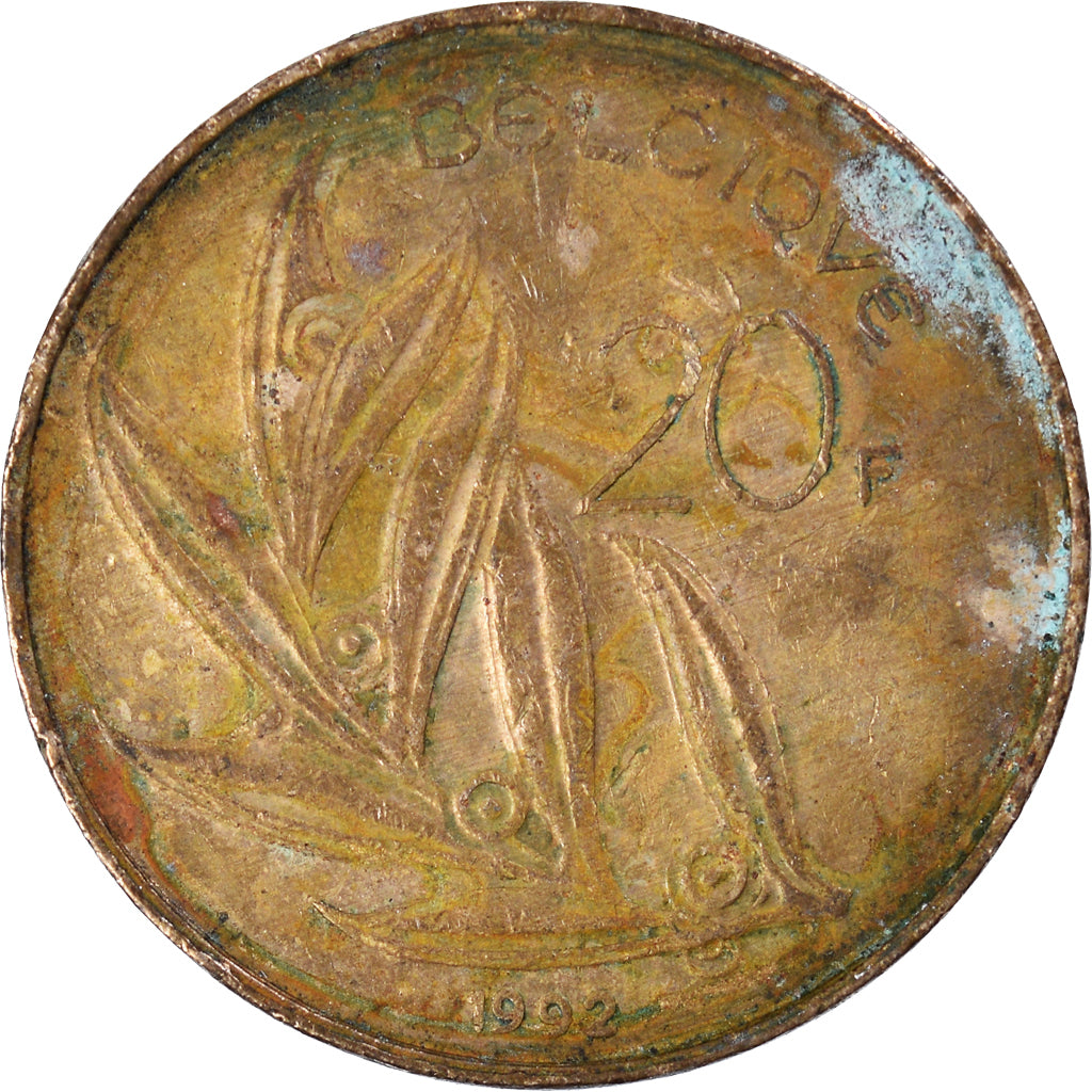 Moeda, Bélgica, 20 Francs, 20 Frank, 1992