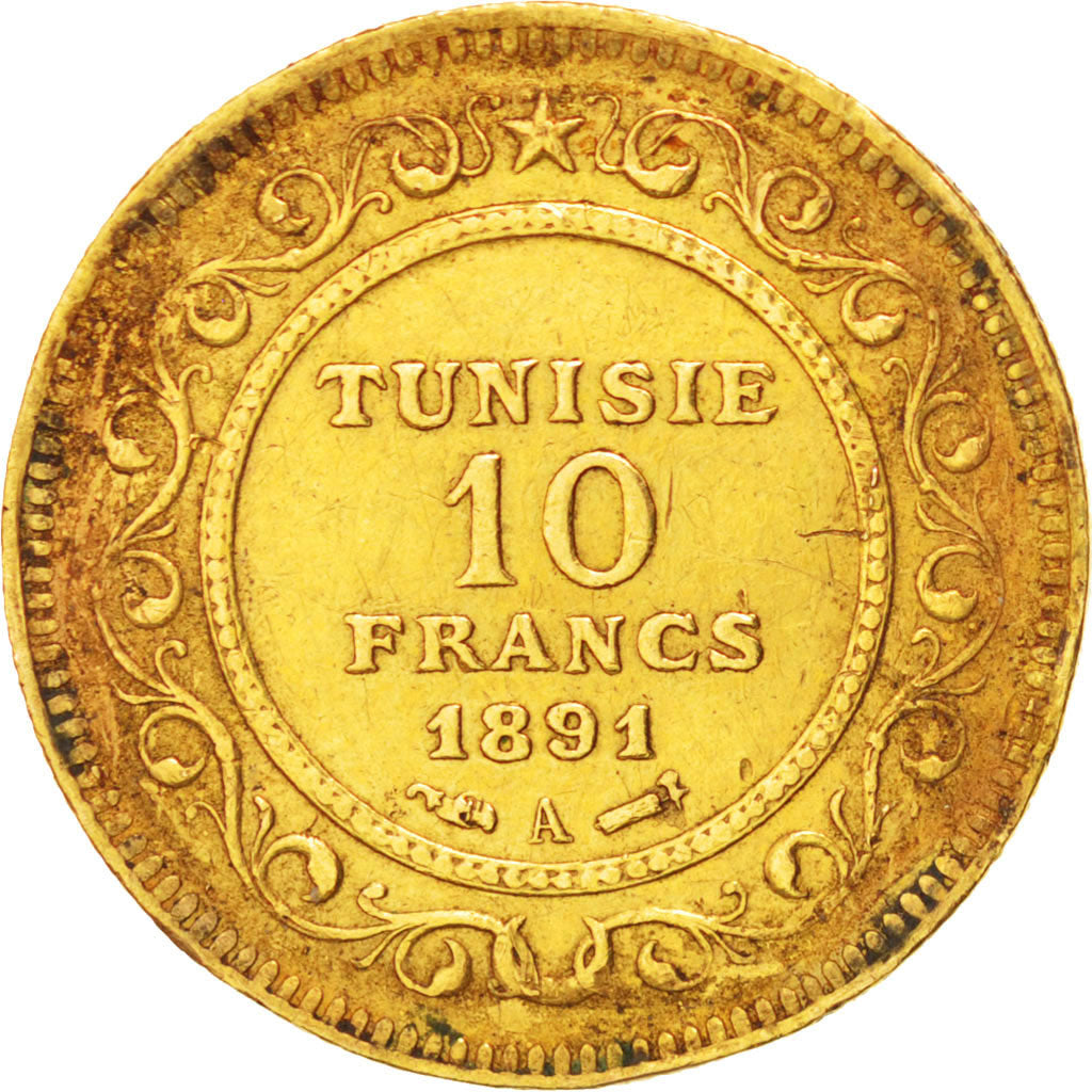 TUNISIA, 10 Francs, 1891, Paris, KM #226, VF(30-35), Gold, Lecompte #404, 3.19