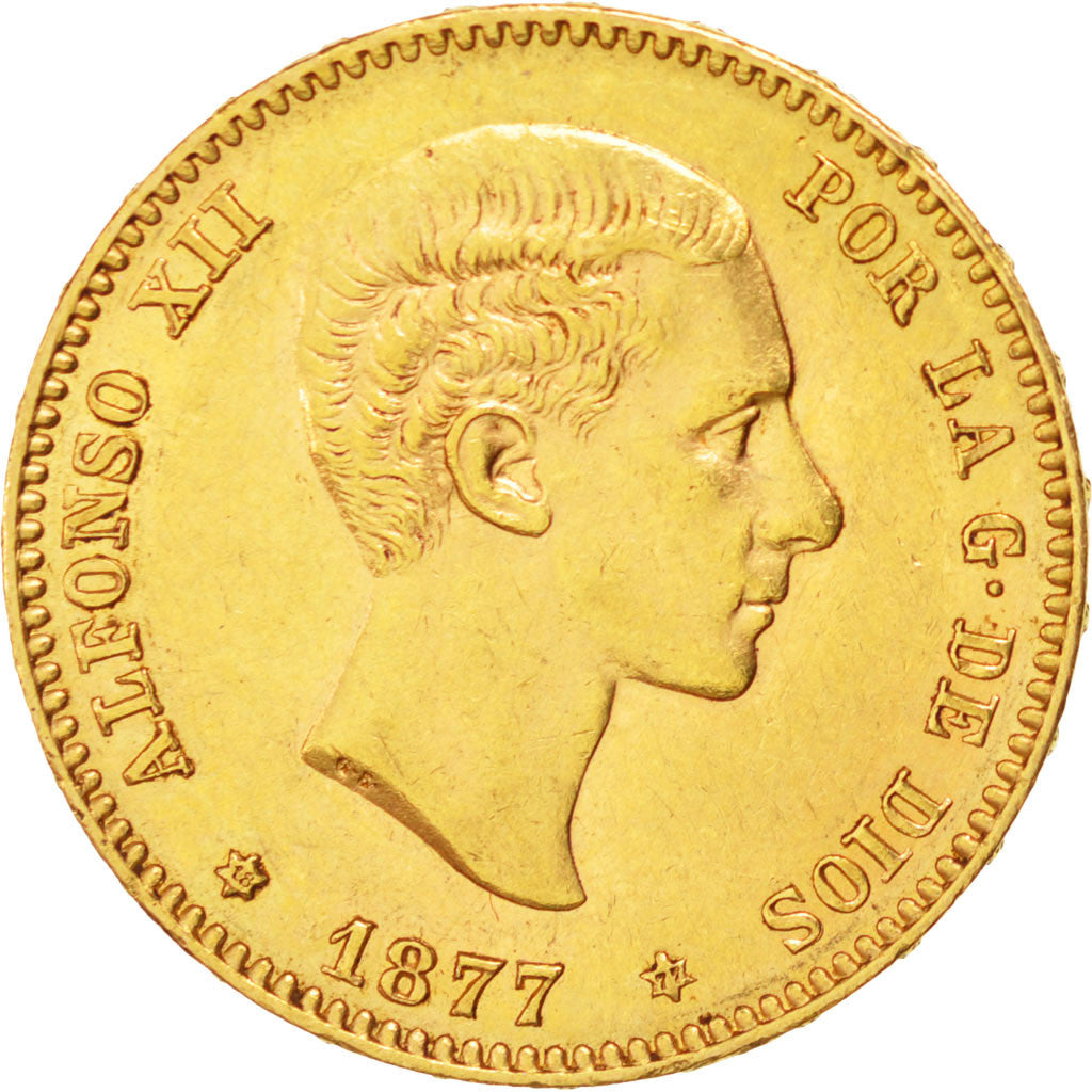 Spain, 25 Pesetas, 1877, KM #673, AU(55-58), Gold, 8.05