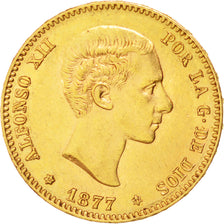 Spain, 25 Pesetas, 1877, KM #673, AU(55-58), Gold, 8.05