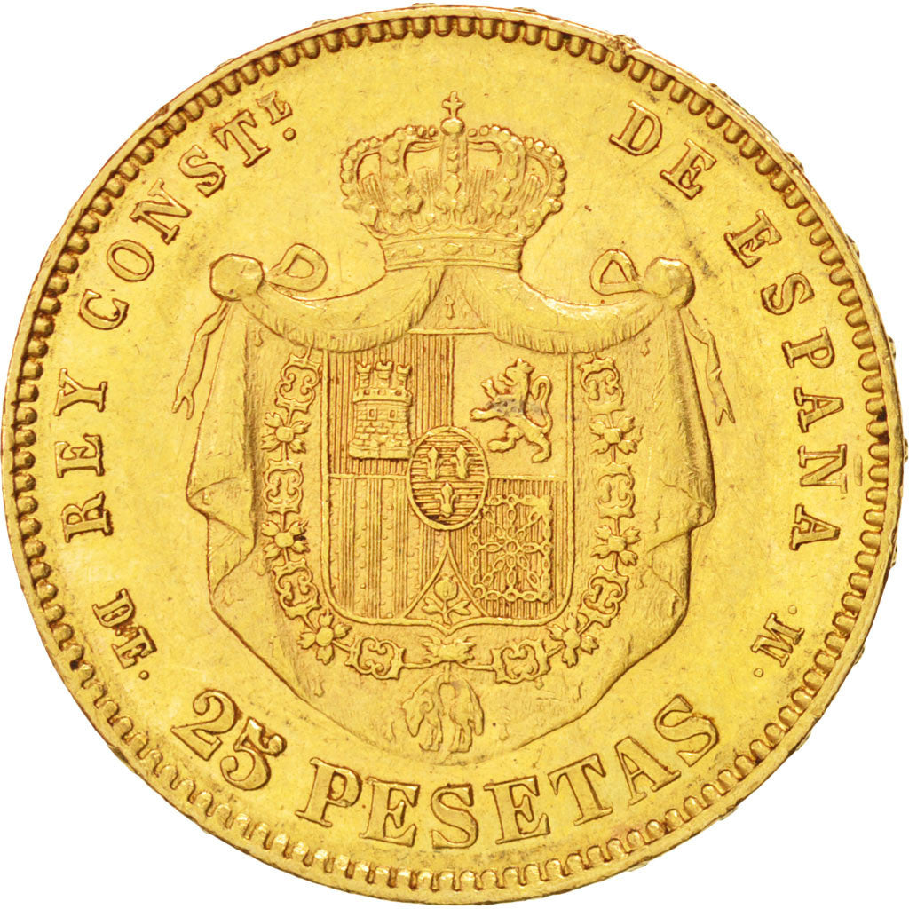 Spain, 25 Pesetas, 1877, KM #673, AU(55-58), Gold, 8.05