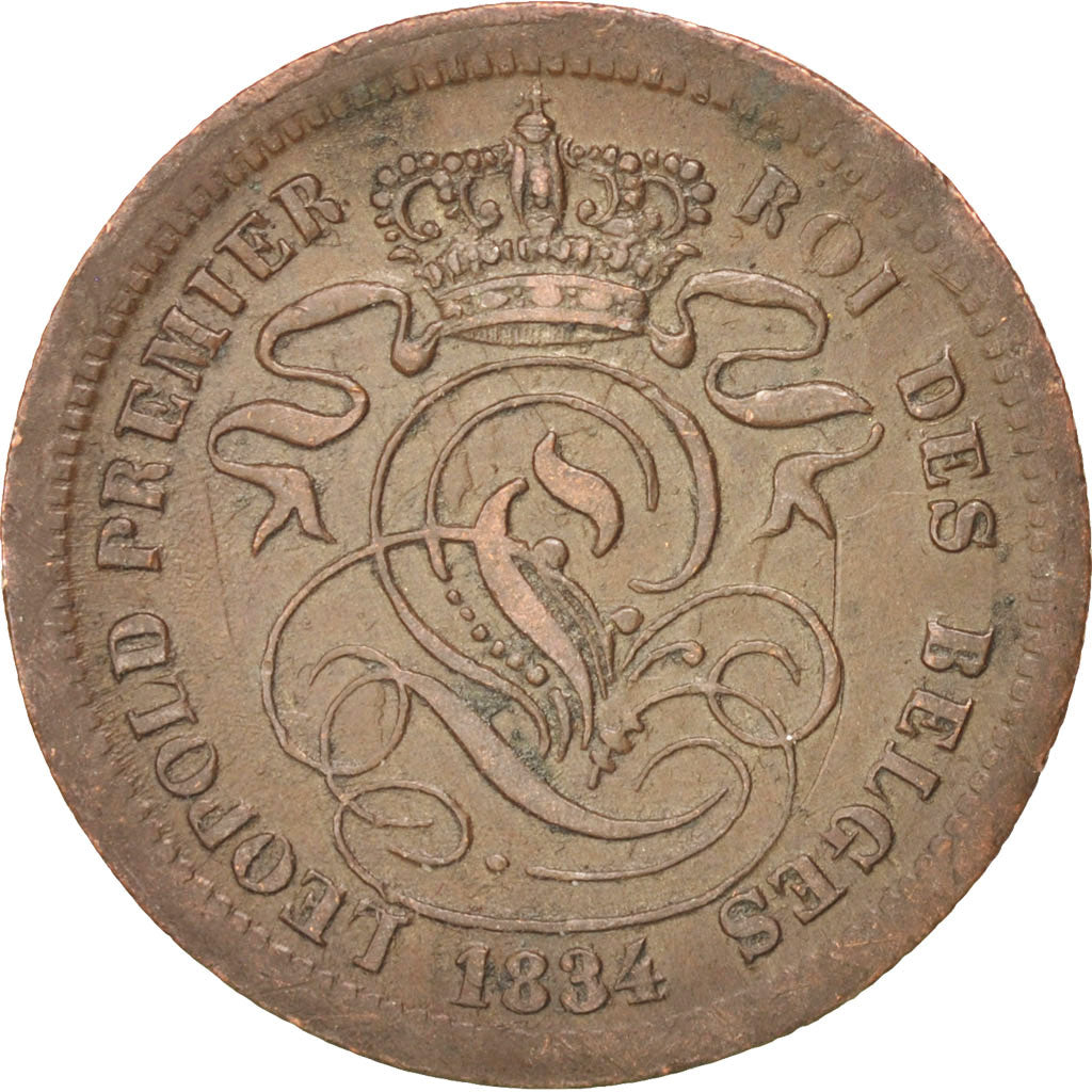 BELGIUM, 2 Centimes, 1834, KM #4.1, AU(50-53), Copper, 3.95