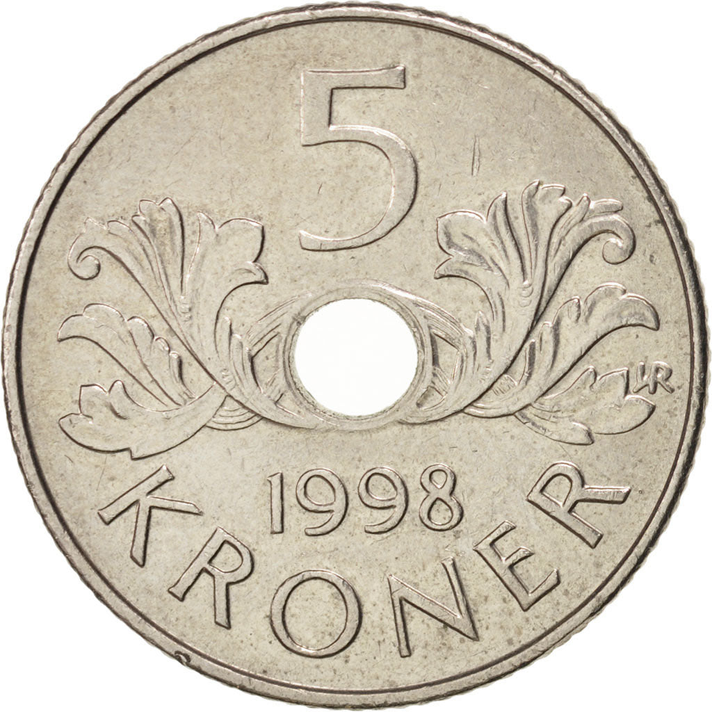 Coin, Norway, Harald V, 5 Kroner, 1998, EF(40-45), Copper-nickel, KM:463