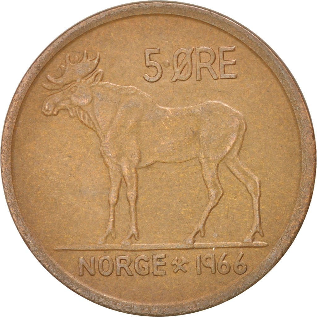 NORWAY, 5 Ore, 1966, KM #405, EF(40-45), Bronze, 27, 7.95