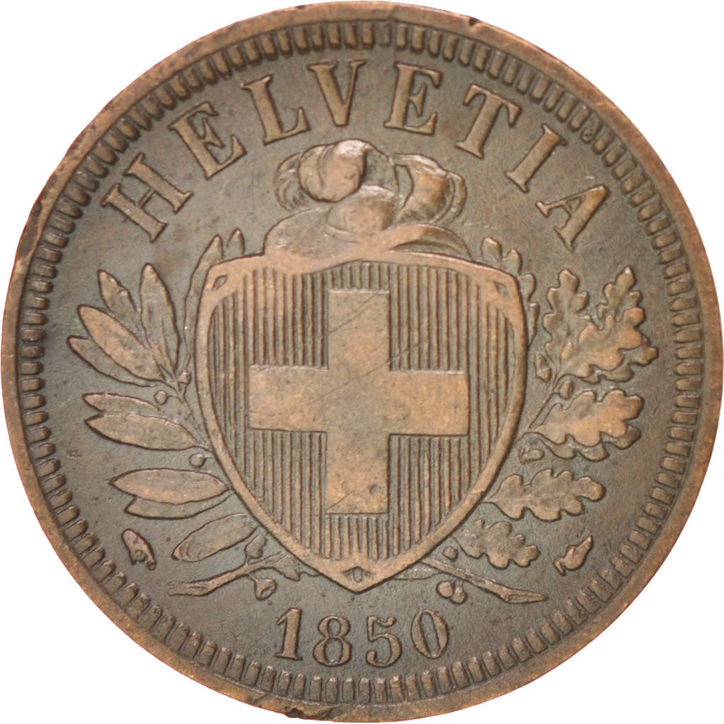 SWITZERLAND, 2 Rappen, 1850, KM #4.1, EF(40-45), Bronze, 20, 2.42