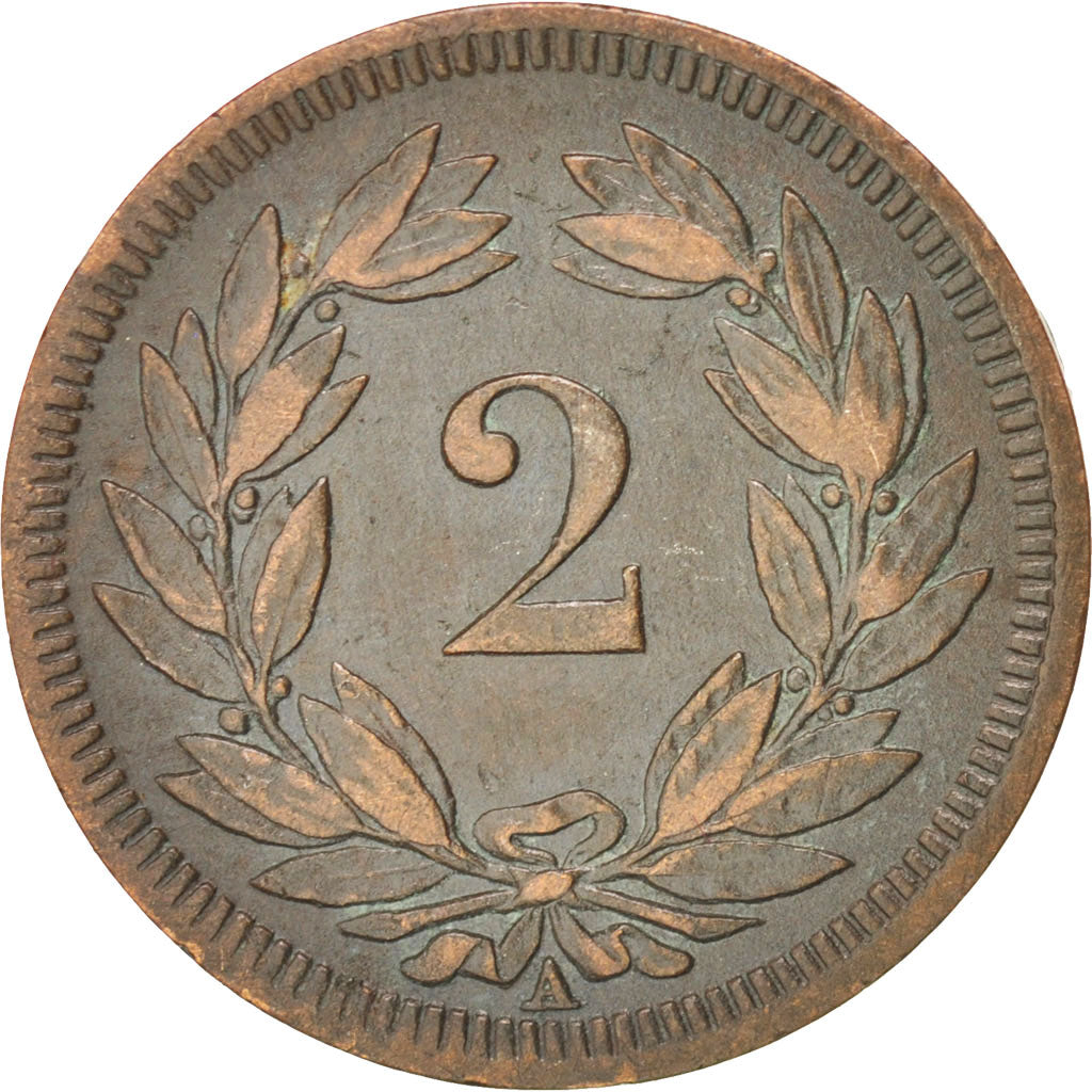 SWITZERLAND, 2 Rappen, 1850, KM #4.1, EF(40-45), Bronze, 20, 2.42