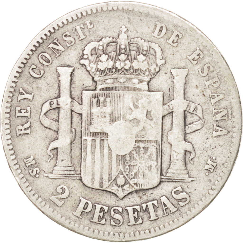 SPAIN, 2 Pesetas, 1882, KM #678.2, F(12-15), Silver, 27, 9.74