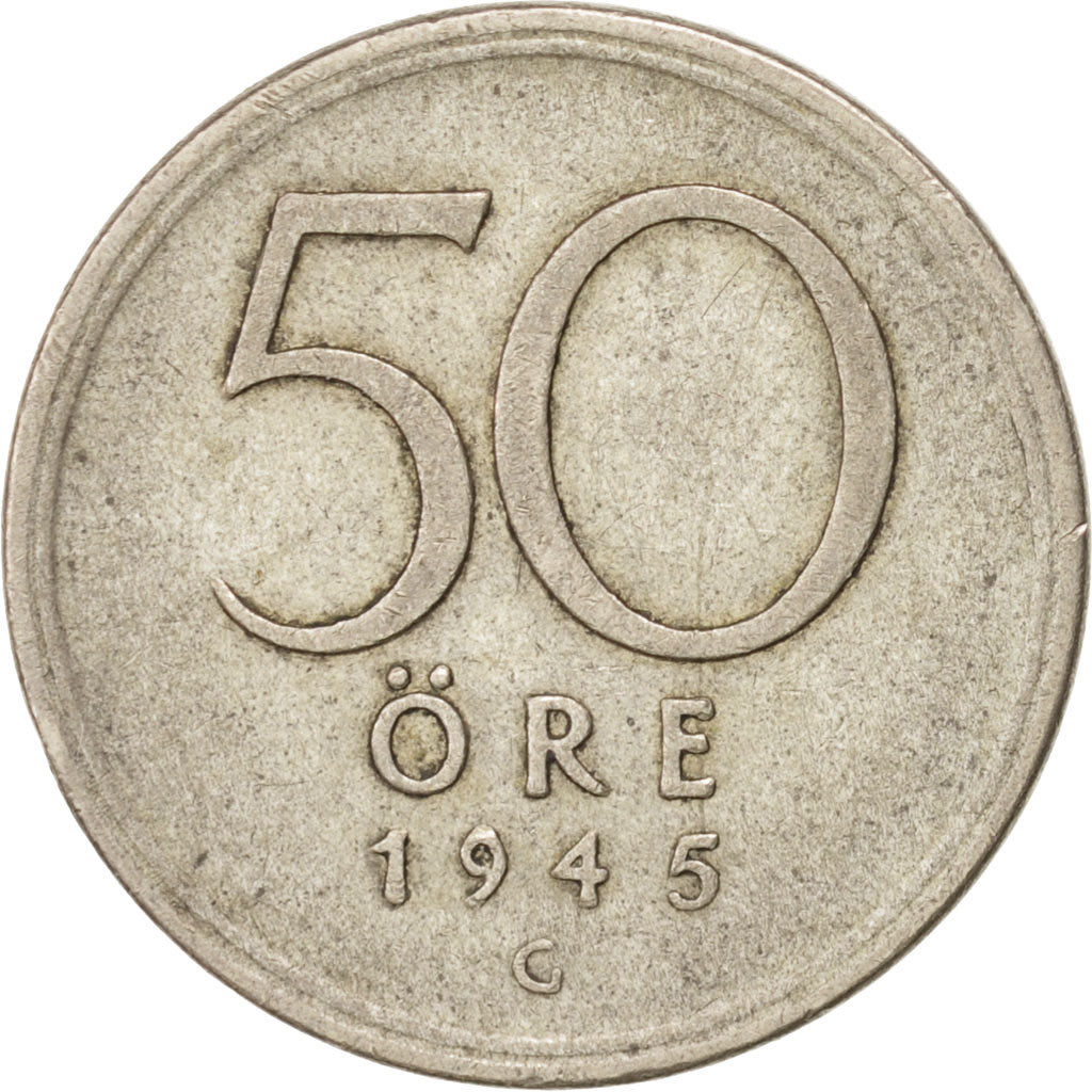 SWEDEN, 50 Ore, 1945, KM #817, EF(40-45), Silver, 22, 4.84