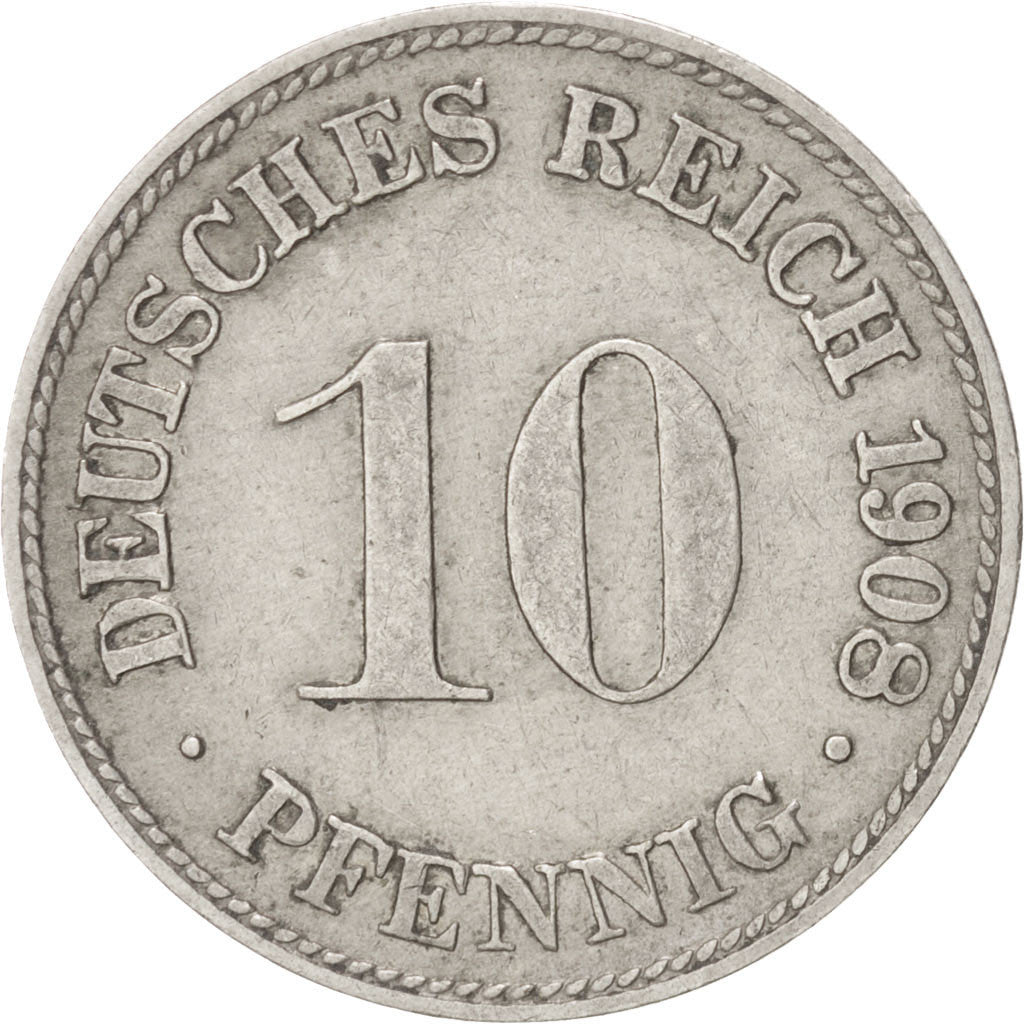 GERMANY - EMPIRE, 10 Pfennig, 1908, Munich, KM #12, EF(40-45), Copper-Nickel,...