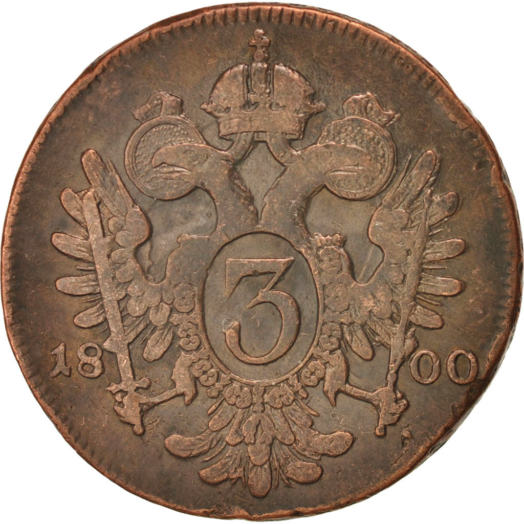 AUSTRIA, 3 Kreuzer, 1800, KM #2115.3, VF(30-35), Copper, 8.73
