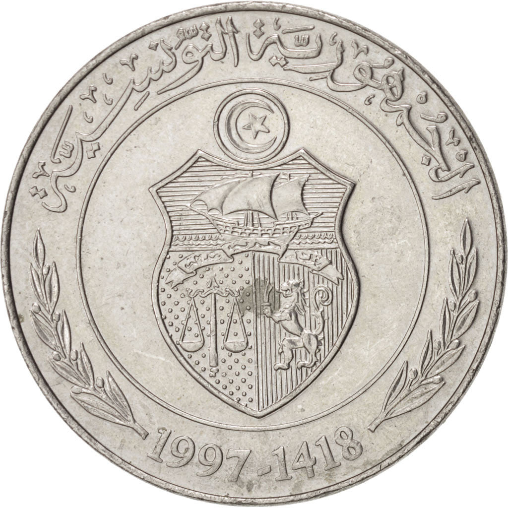 Coin, Tunisia, Dinar, 1997, AU(55-58), Copper-nickel, KM:347