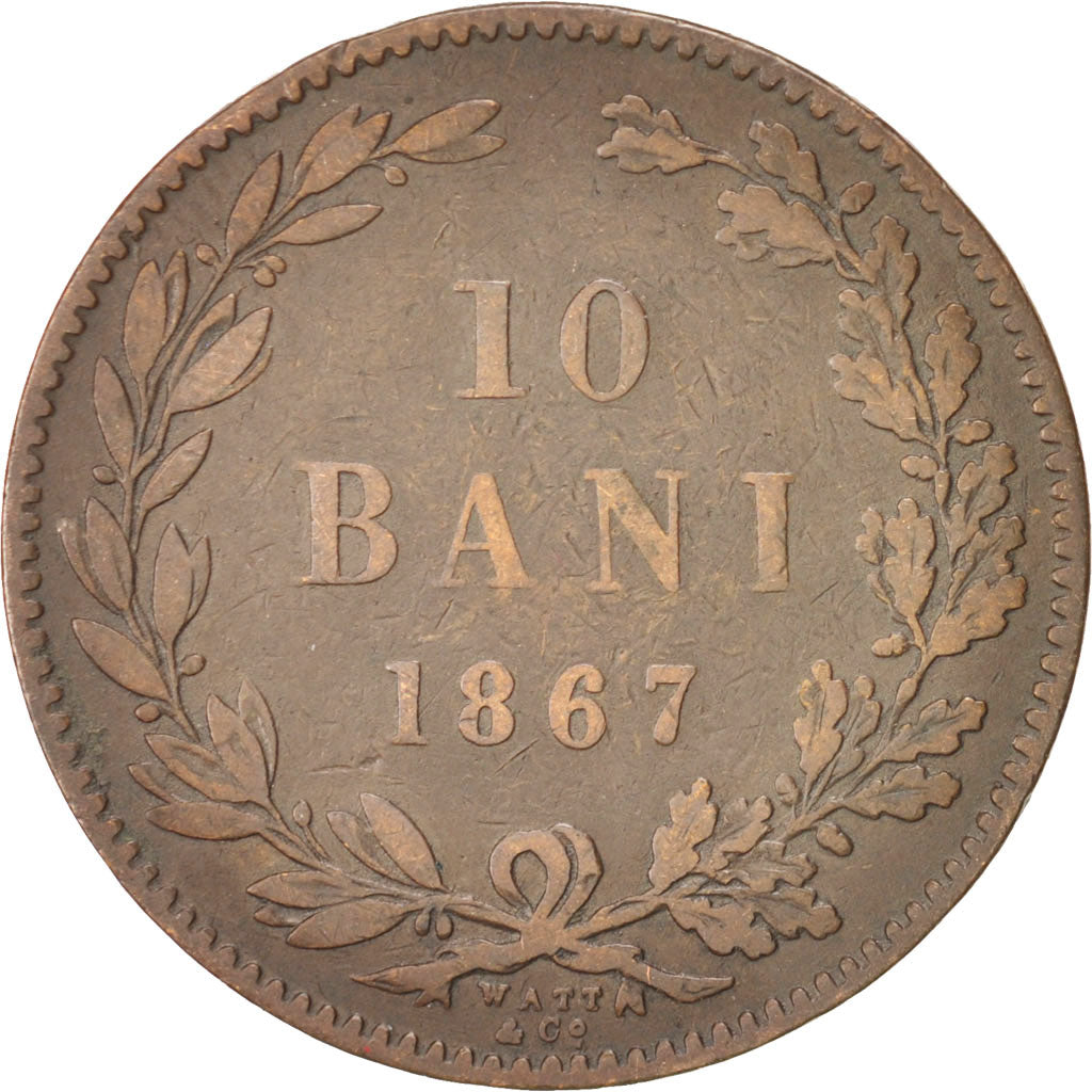 ROMANIA, 10 Bani, 1867, KM #4.2, VF(30-35), Copper, 30, 9.51