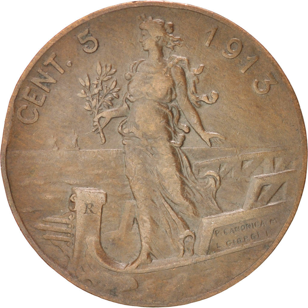 ITALY, 5 Centesimi, 1913, Rome, KM #42, EF(40-45), Bronze, 25, 4.97