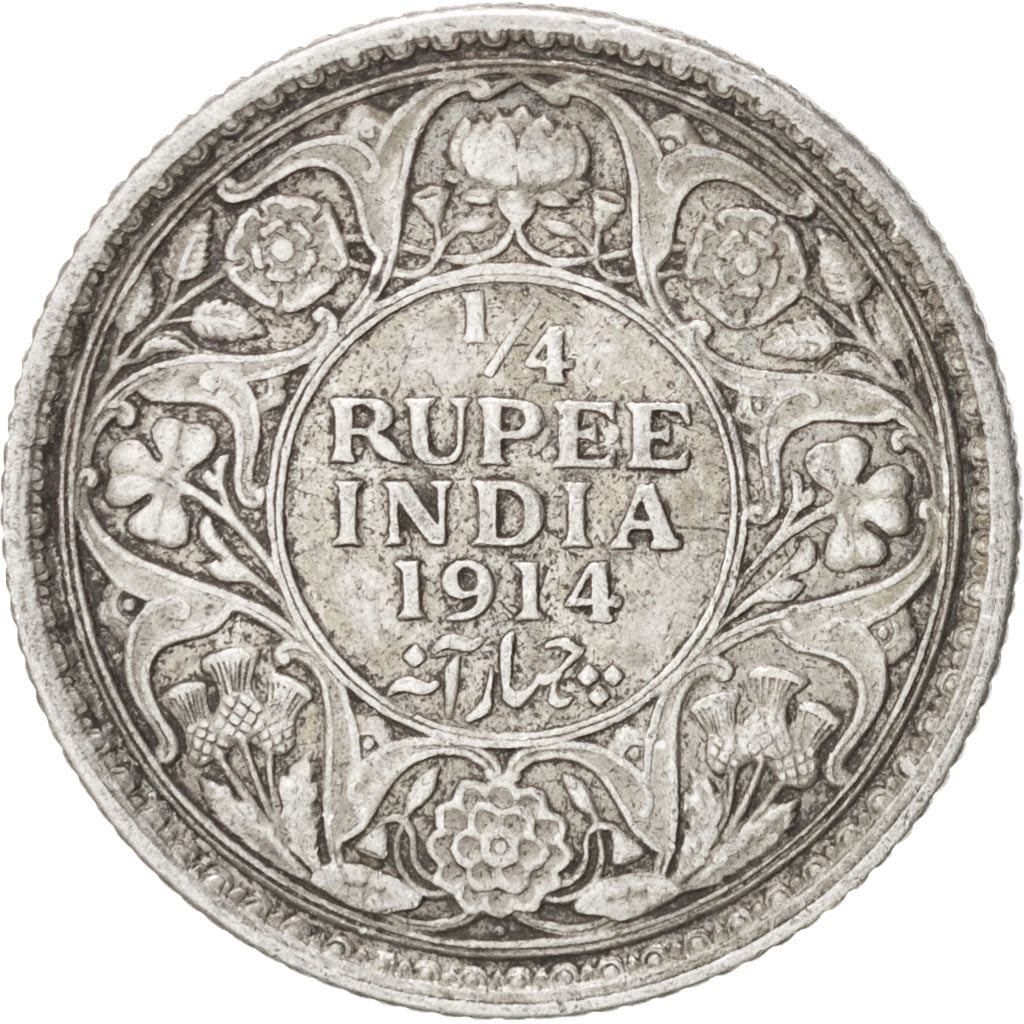 Coin, INDIA-BRITISH, George V, 1/4 Rupee, 1914, EF(40-45), Silver, KM:518
