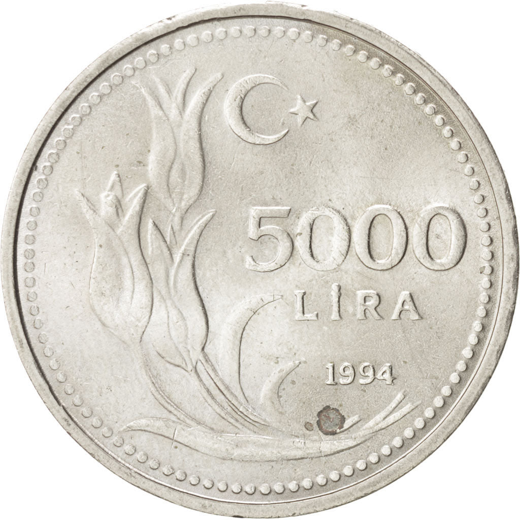 TURKEY, 5000 Lira, 1994, KM #1025, MS(63), Nickel-Bronze, 28.5, 10.26