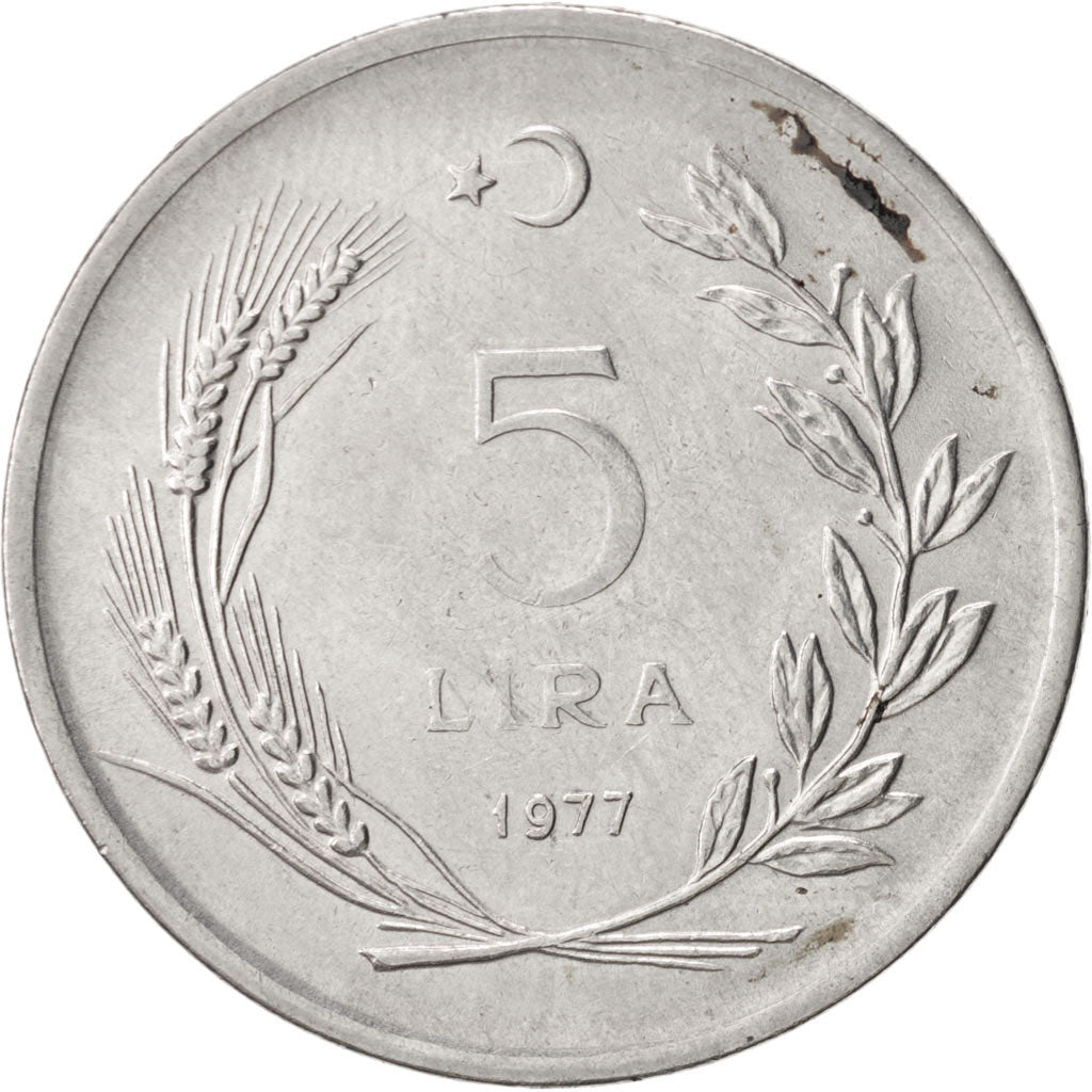 TURKEY, 5 Lira, 1977, KM #905, EF(40-45), Stainless Steel, 32.5, 10.95