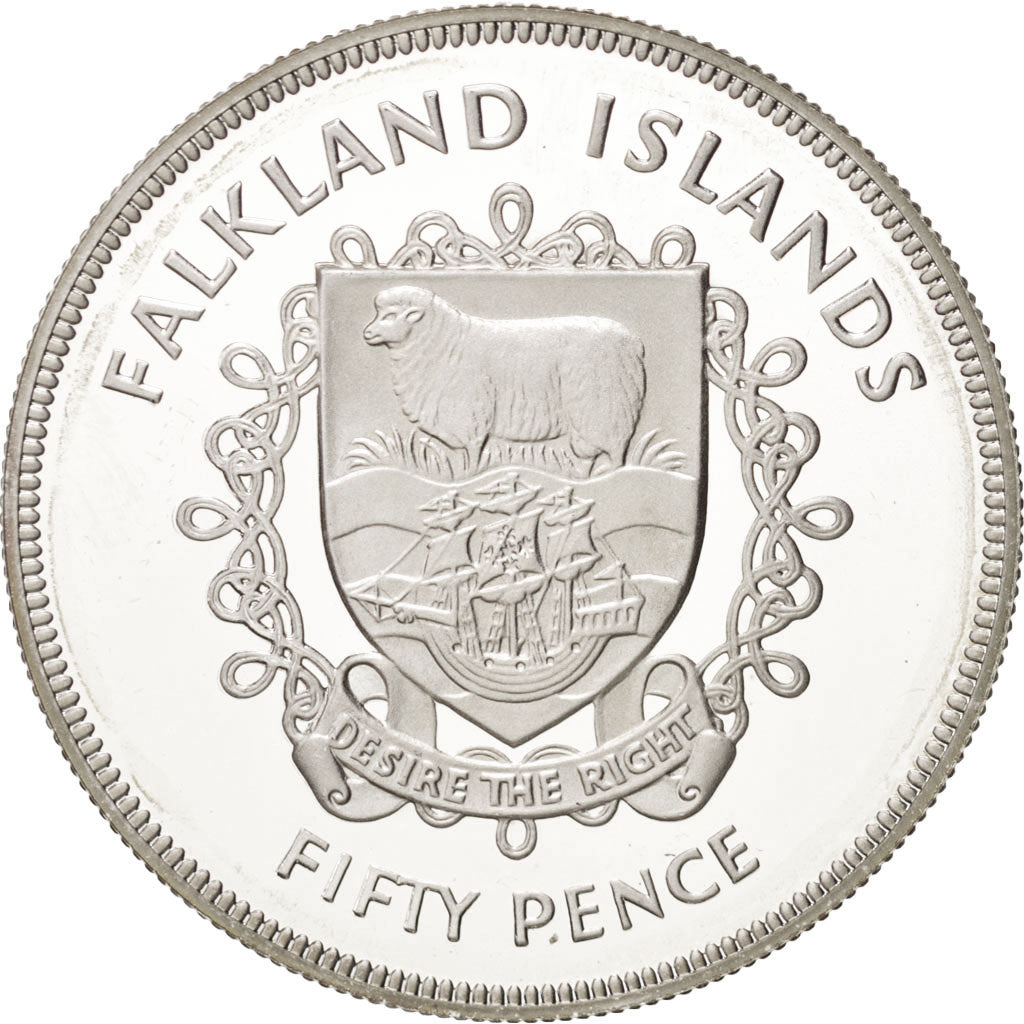 FALKLAND ISLANDS, 50 Pence, 1977, KM #10a, MS(63), Silver, 38.5, 28.10