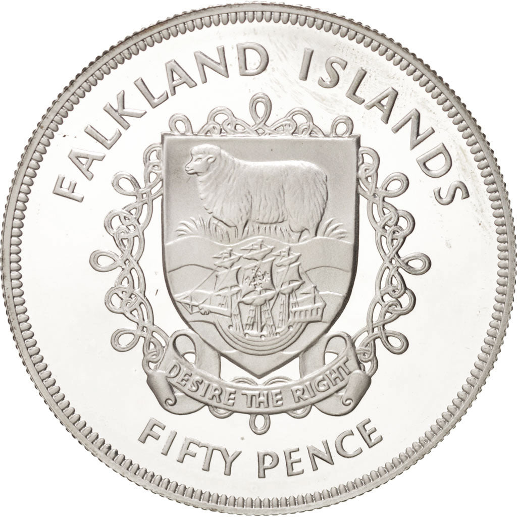 FALKLAND ISLANDS, 50 Pence, 1977, KM #10a, MS(63), Silver, 38.5, 28.15
