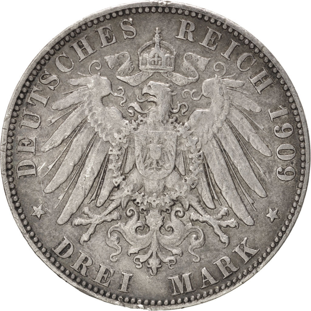 German States, 3 Mark, 1909, KM #620, EF(40-45), Silver, 33, 16.57