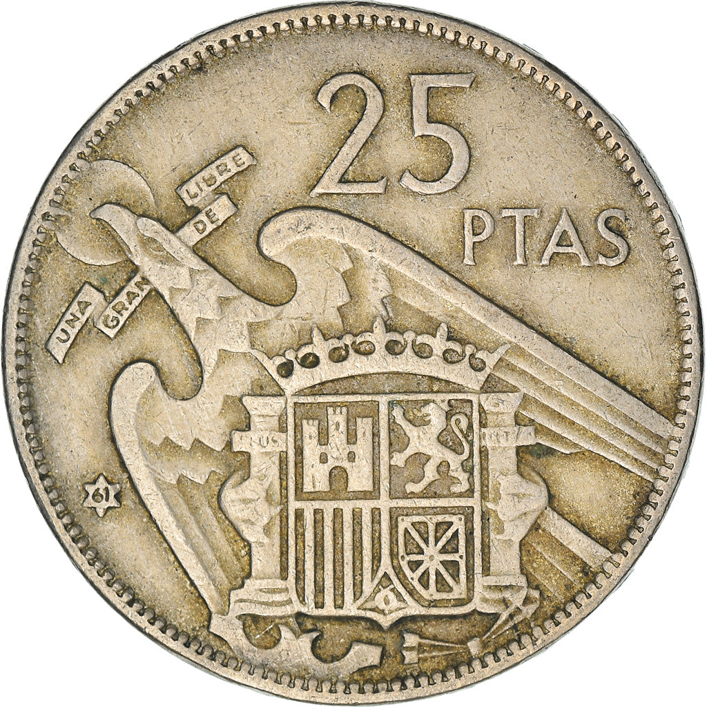 Moeda, Espanha, Caudillo and regent, 25 Pesetas, 1961, EF(40-45), Cobre-níquel