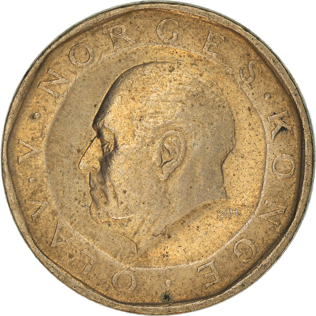 Moneda, Noruega, Olav V, 10 Kroner, 1991, MBC, Níquel - latón, KM:427