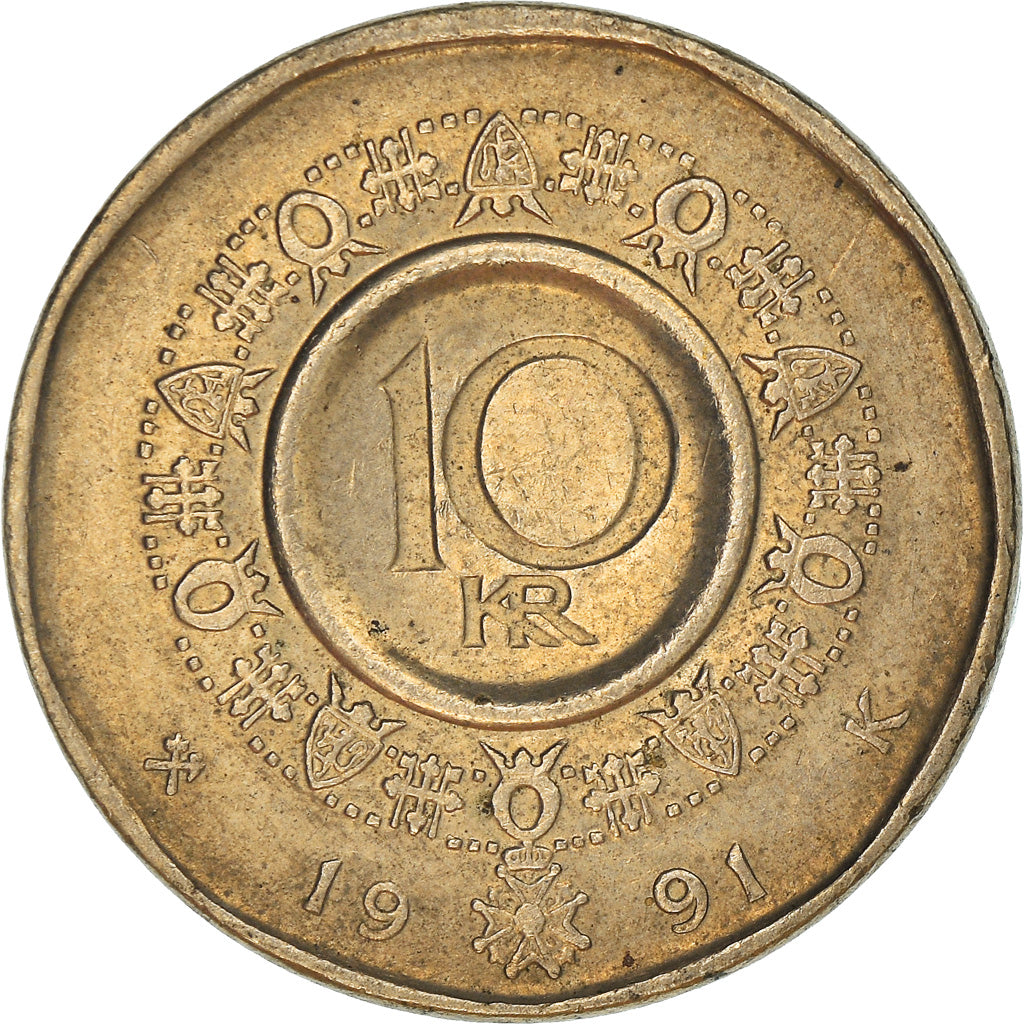 Moneda, Noruega, Olav V, 10 Kroner, 1991, MBC, Níquel - latón, KM:427