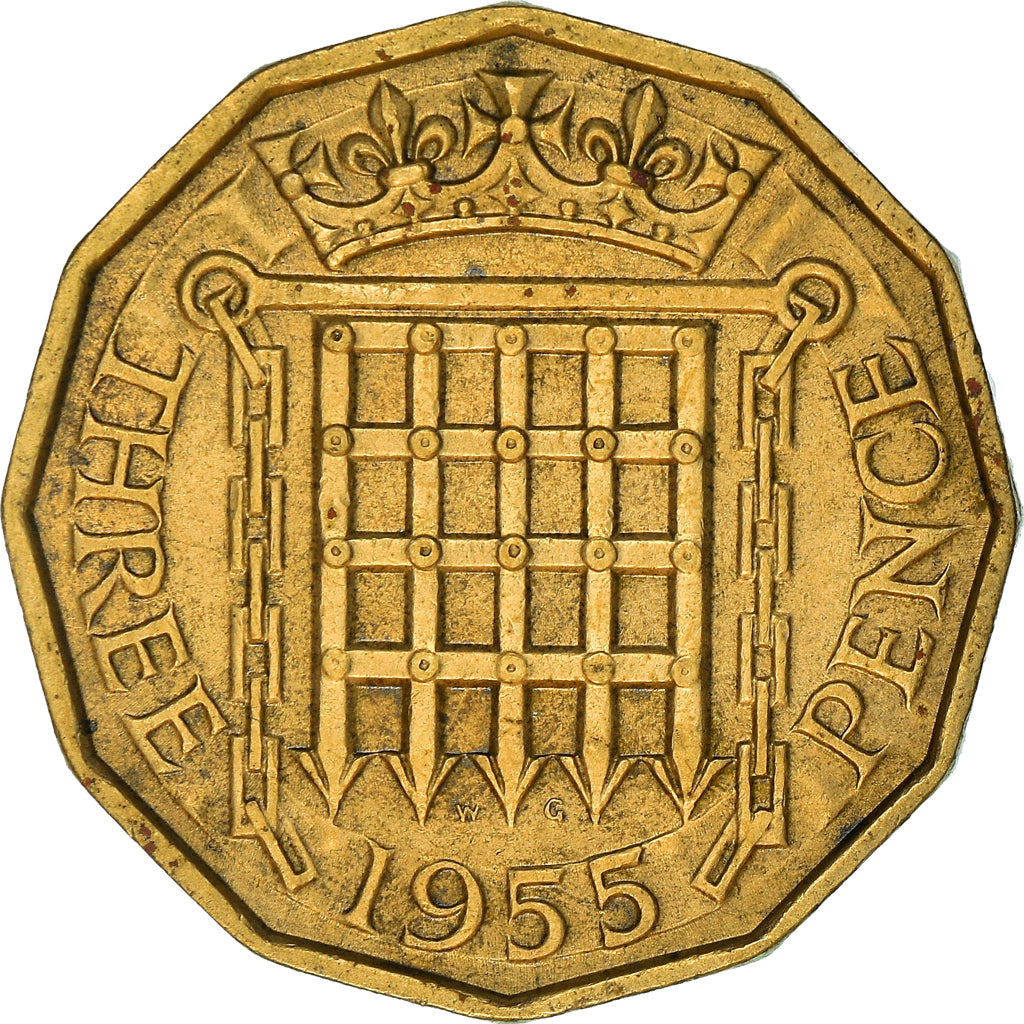 Moneda, Gran Bretaña, Elizabeth II, 3 Pence, 1955, MBC, Níquel - latón