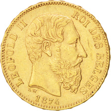 BELGIUM, 20 Francs, 20 Frank, 1874, KM #37, AU(50-53), Gold