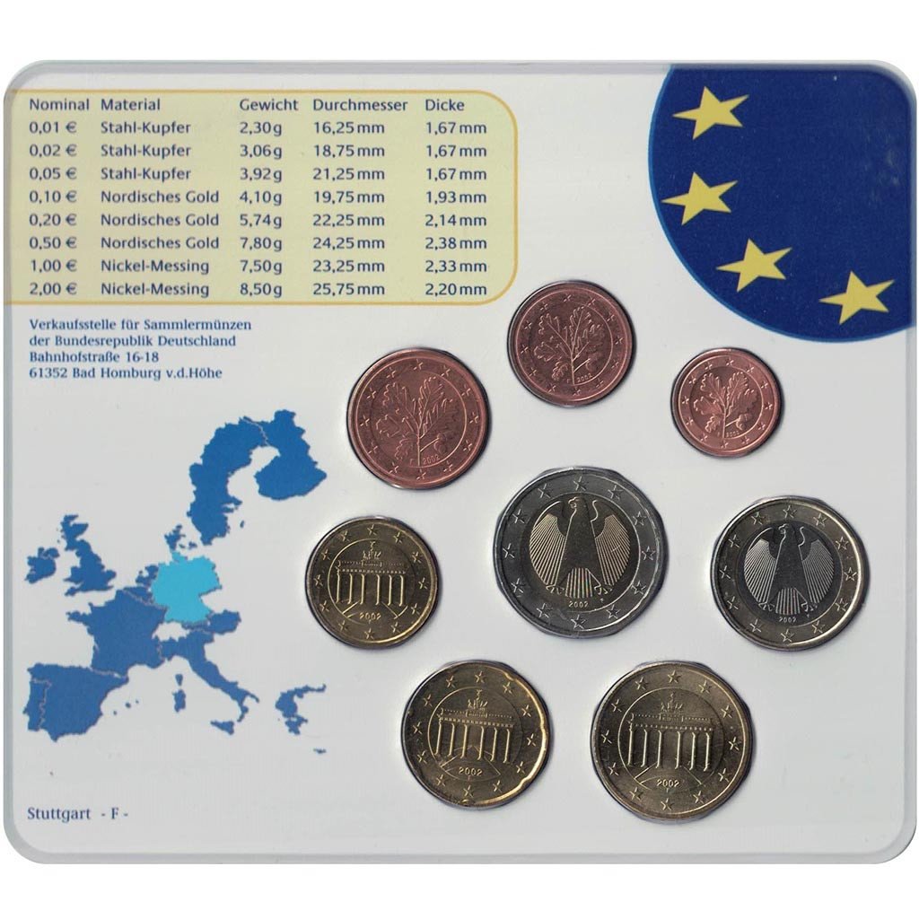 Germany, 5 x Euro Set of 8 coins, 5 Mints, 2002 ADFGJ