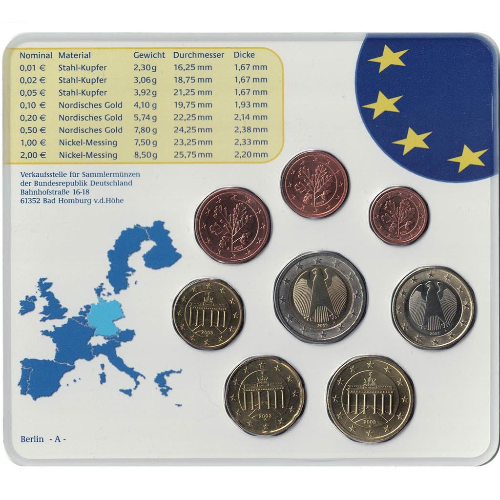 Germany, 5 x Euro Set of 8 coins, 5 Mints, 2003 ADFGJ