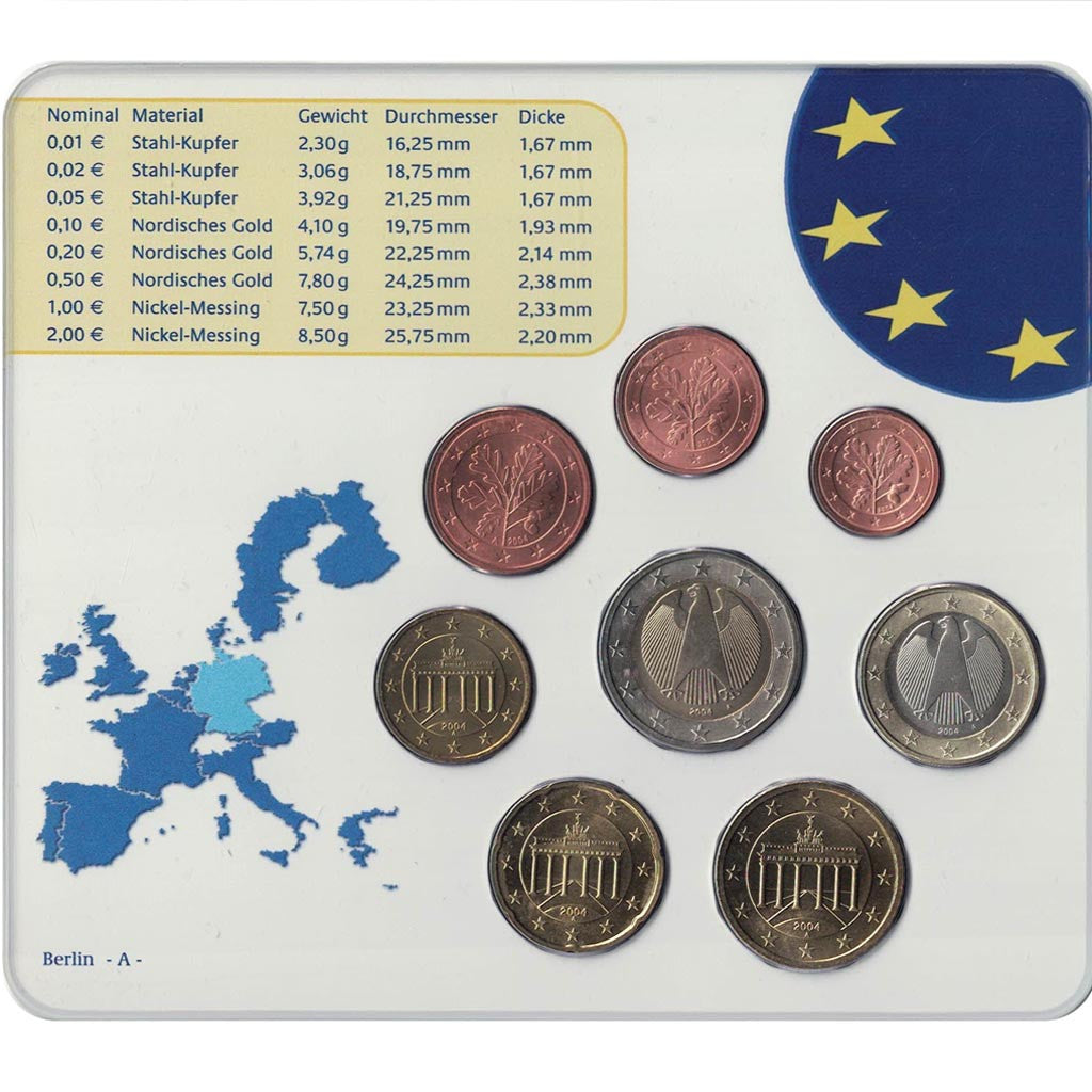 Germany, 5 x Euro Set of 8 coins, 5 Mints, 2004 ADFGJ